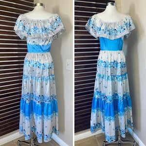 1970s Vintage Hawaiian Floral Stripe Blue White Off Shoulder Ruffle Maxi Dress